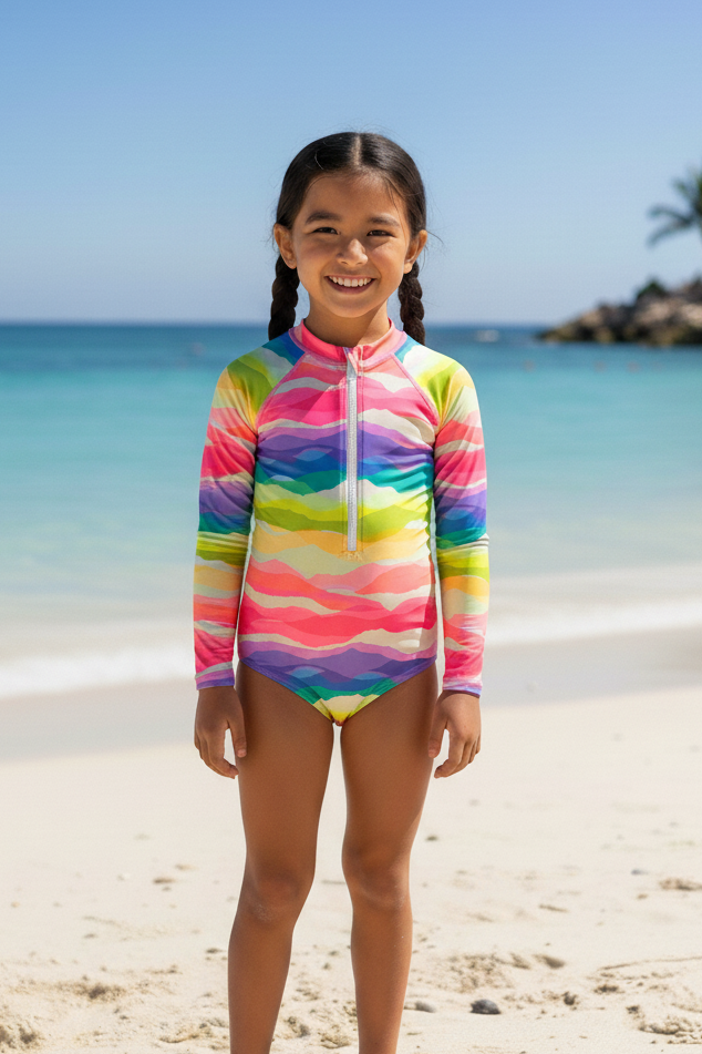Young girl in a colorful swimsuit standing on a sandy beach with ocean and sky in the background